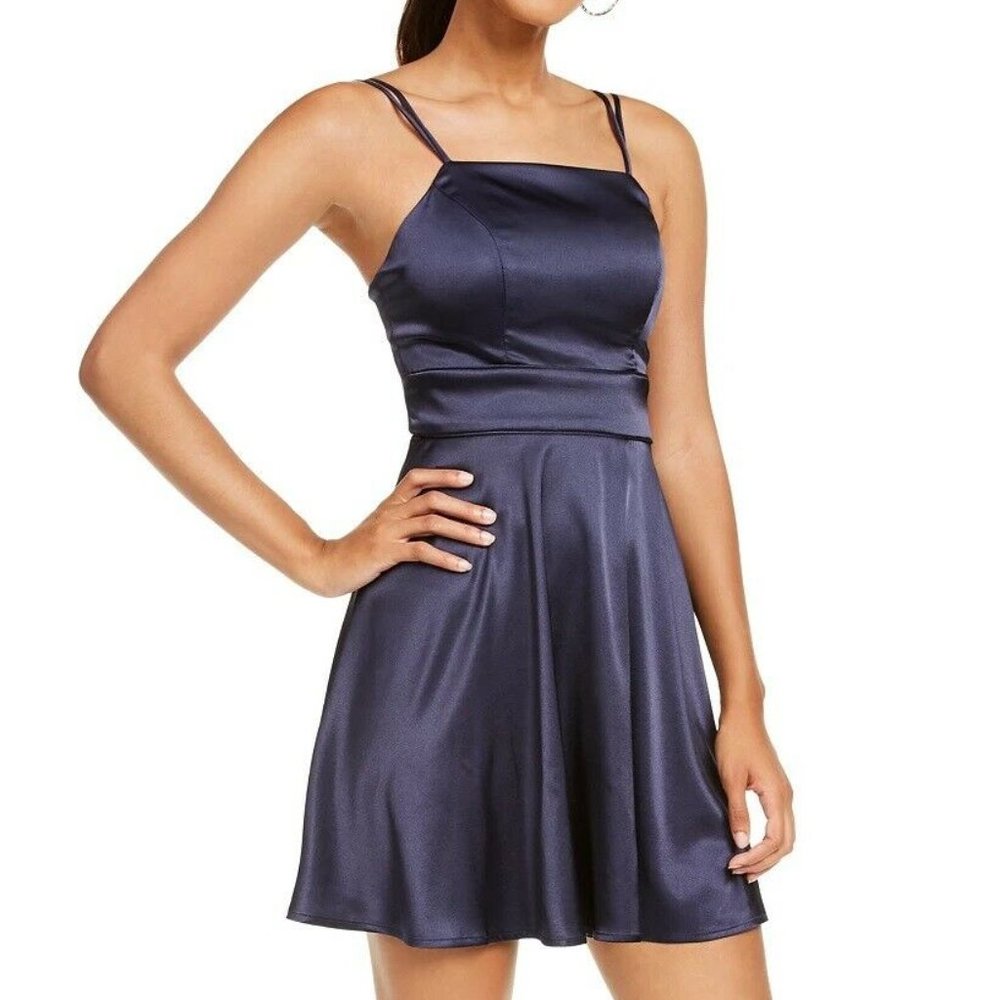 Sequin Hearts Junior's Satin Fit & Flare Short Dress - Navy Size 9